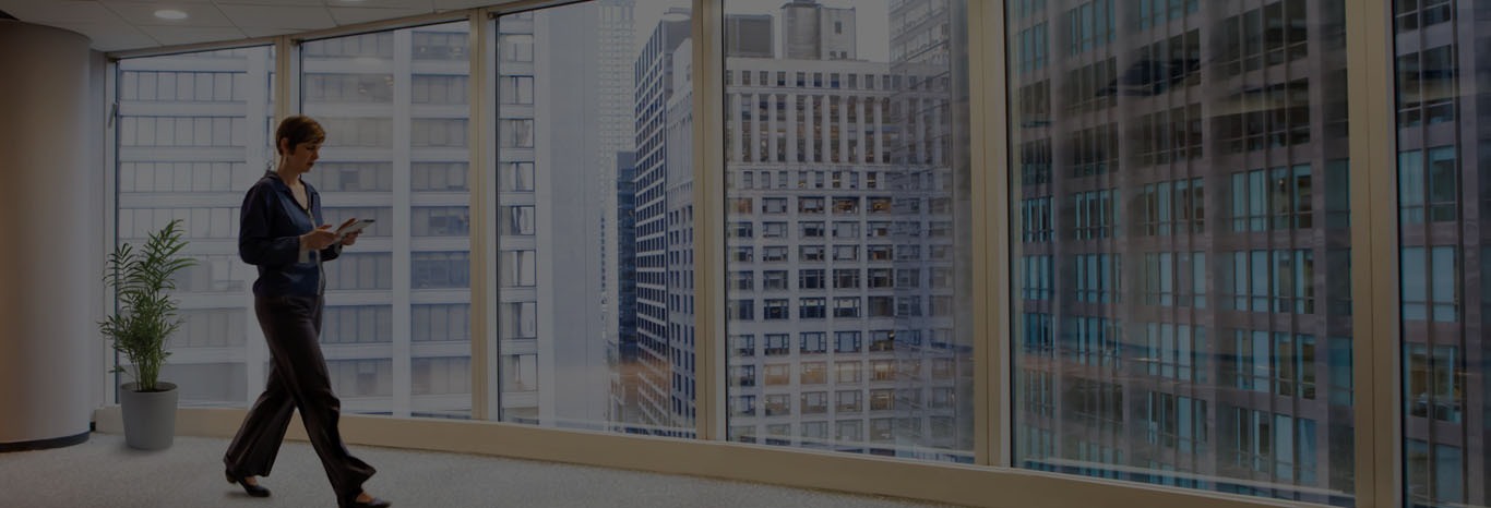 An office with a wall of windows